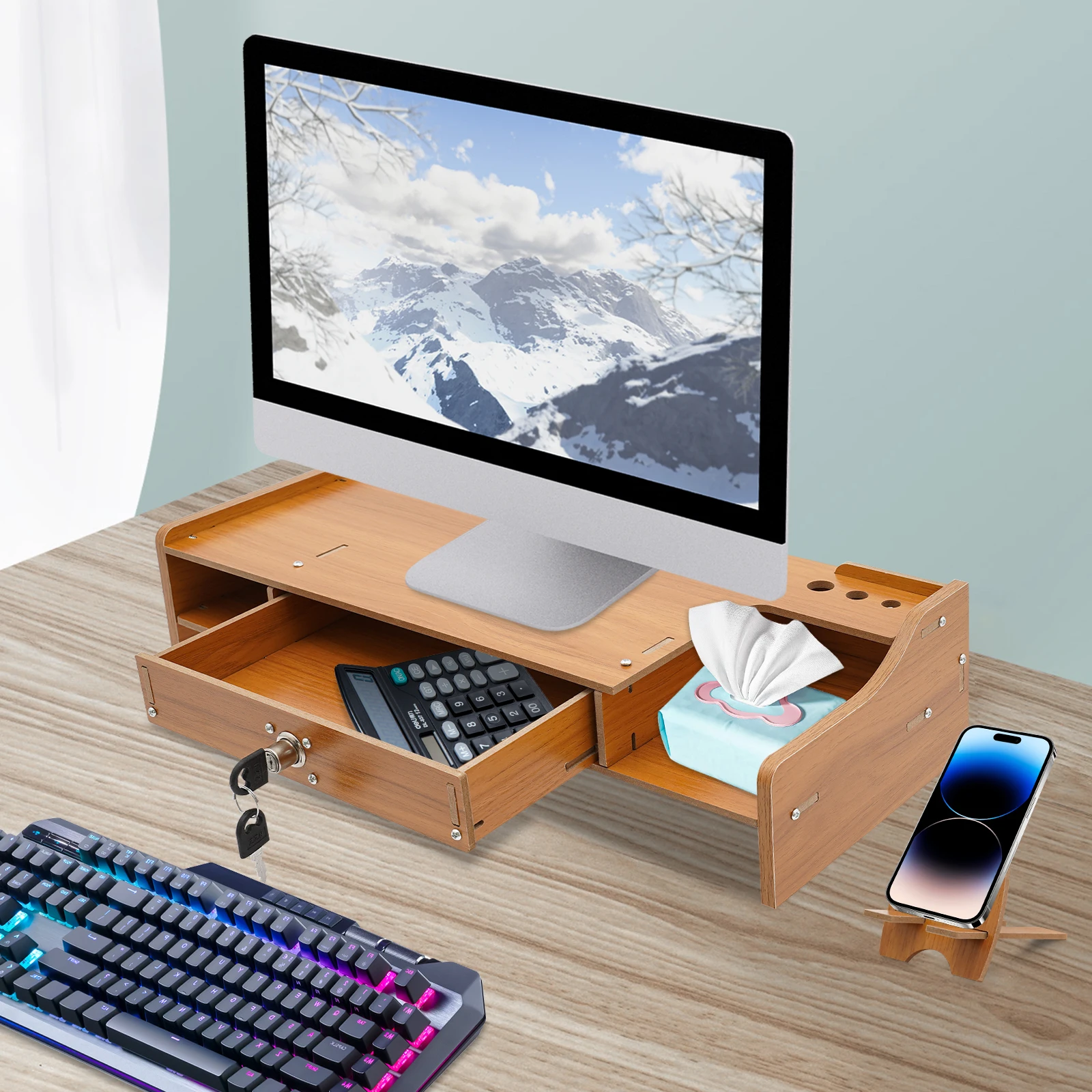 

Computer Monitor Desktop Stand with Lockable Drawer Office Student Desk Storage Shelf Dormitory Laptop Rack Stationery Organizer