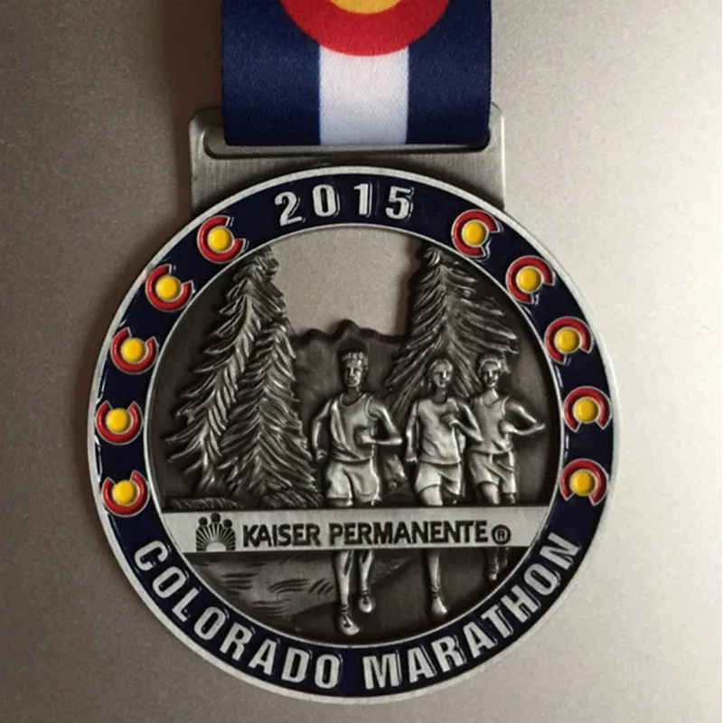 You can design your own logo, metal running Medal, electroplated silver, and give away ribbons