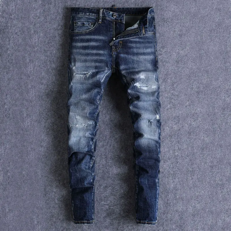 

Y2K High Street Fashion New Blue Men's Jeans with pleats, paint, scratches, water washing, elastic repair, High Street Designer