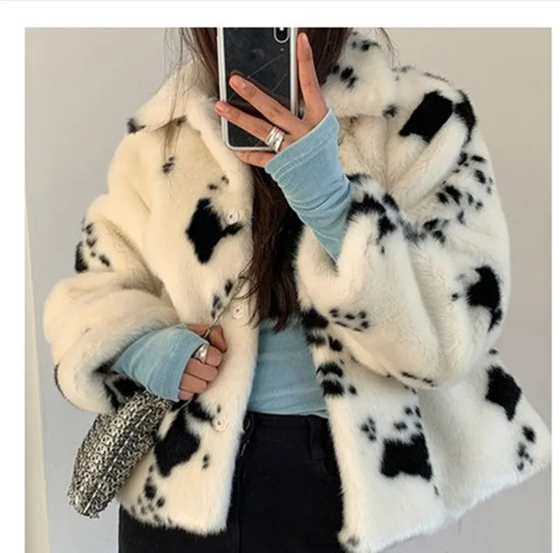 Gagarich Korean Autumn Winter Cow Pattern Imitation Mink Fur Grass Coat Thickened Women Short Black White Spotted Plush Coat