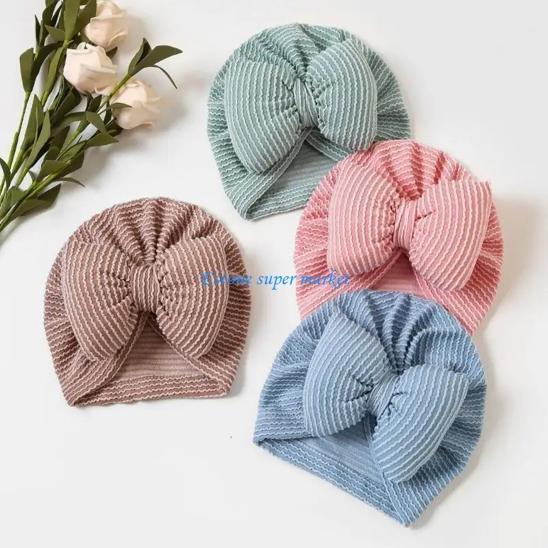 090B Infant Striped Hat with Bowknot Comfortable Cotton Blend Headwear Unisex Baby Striped Hat Comfortable for Boy & Girls