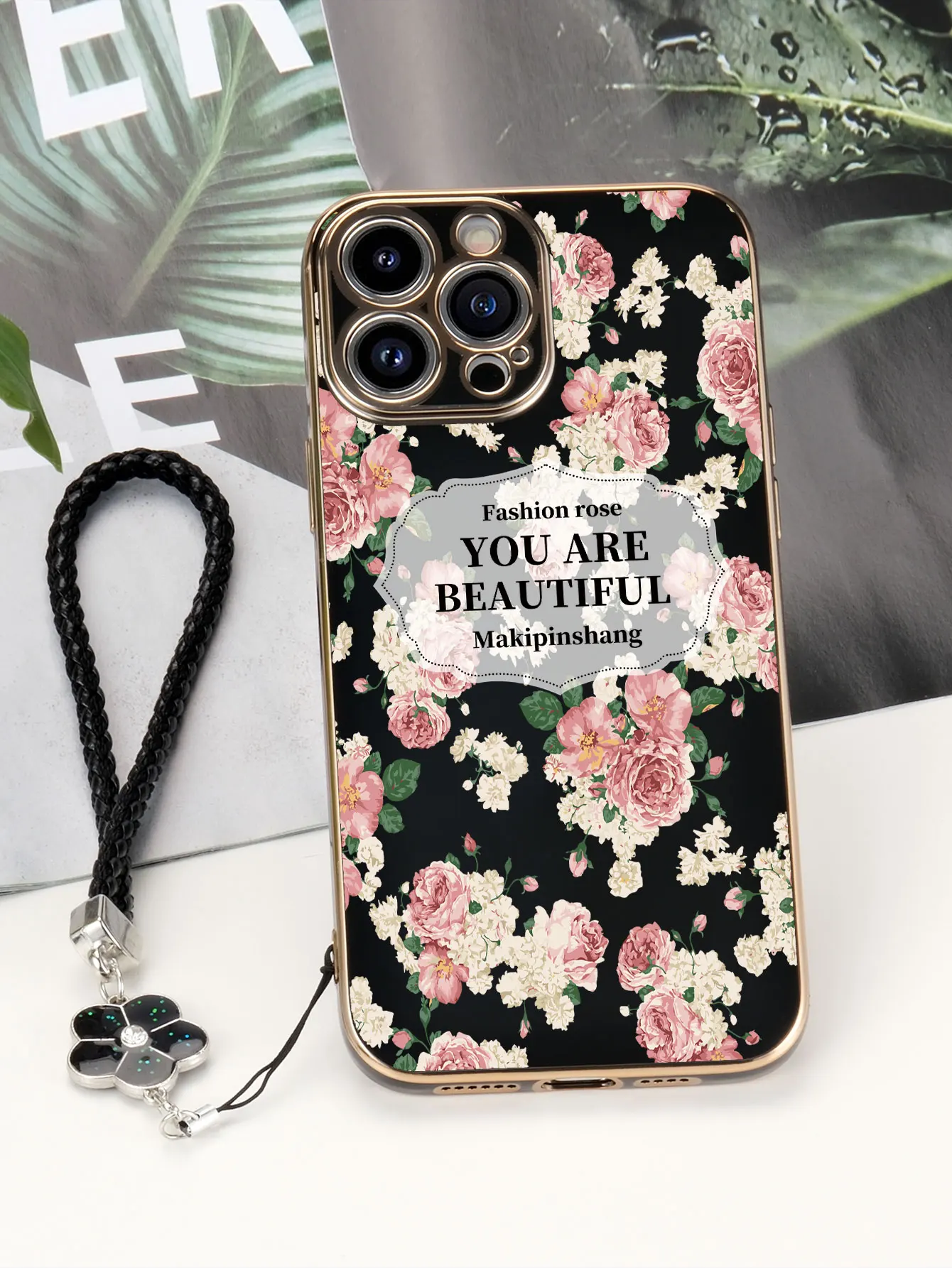 Fashion Cute Flowers Pattern Lanyard Painted Phone Case For iPhone 17 16 13 12 11 Pro Max 15 14 Plus X S Plating Soft Back Cover