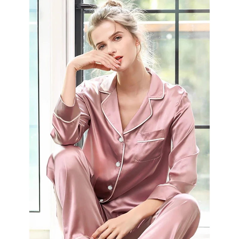 Korean Ins Style Solid Simulated Silk Pajamas for Women 2024 New Two Piece Set Housewear Spring Autumn Fashion Casual Sleepwear