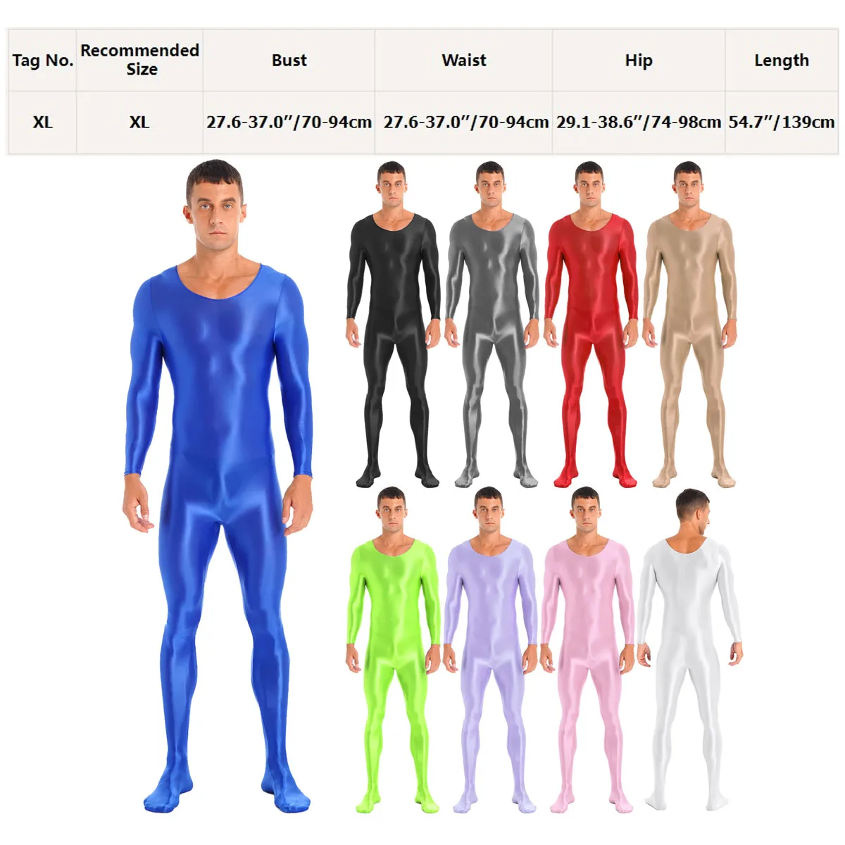 Men Glossy Smooth Bodystocking Oil Shiny Long Sleeve One-Piece Bodysuit Jumpsuit Gym Fitness Full Body Leotard Swimwear Swimsuit