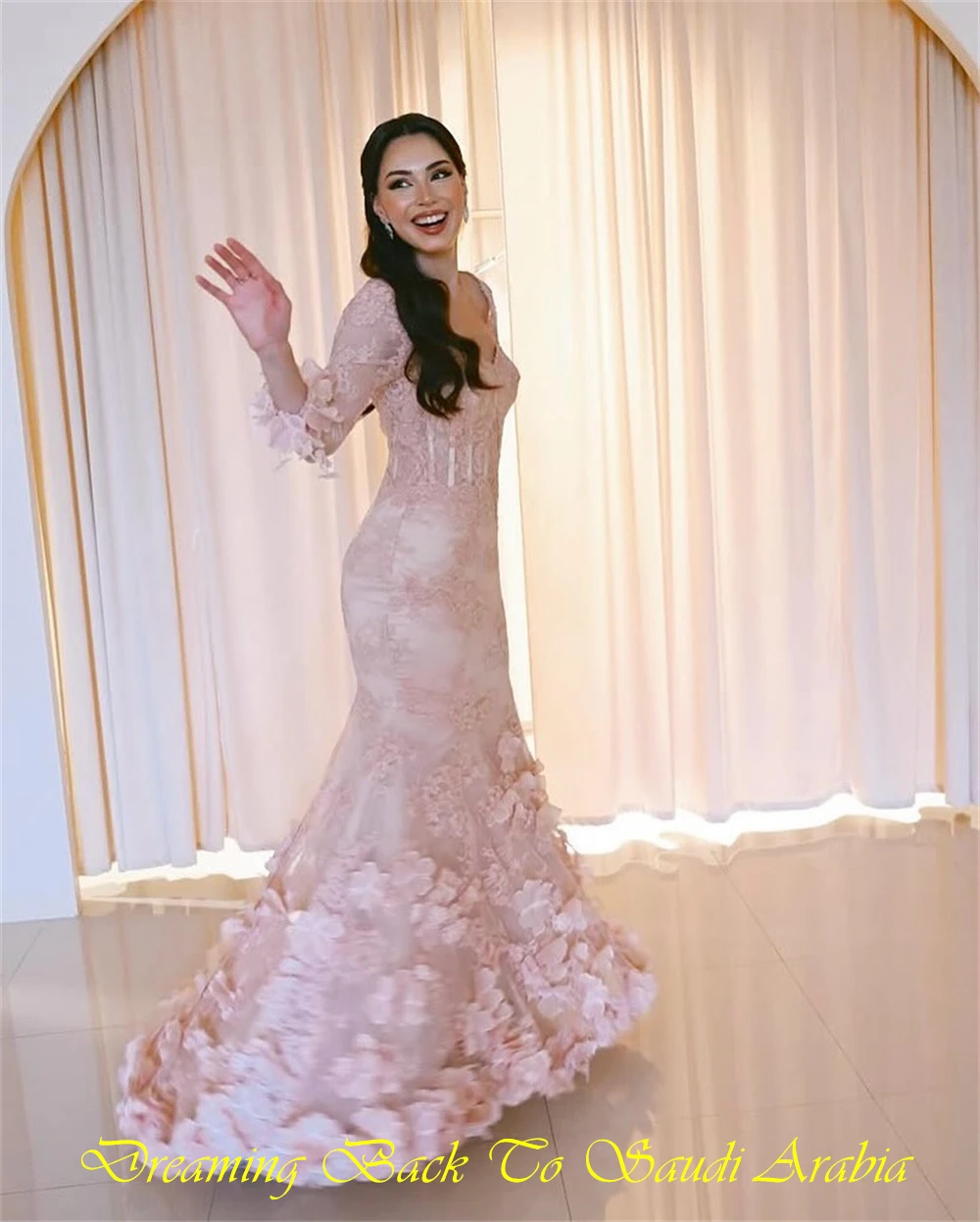 

Customized Classic Pink Organza Evening Dress Formal Sweetheart Long Sleeves Party Dresses Delicate Mermaid Appliques Prom Dress