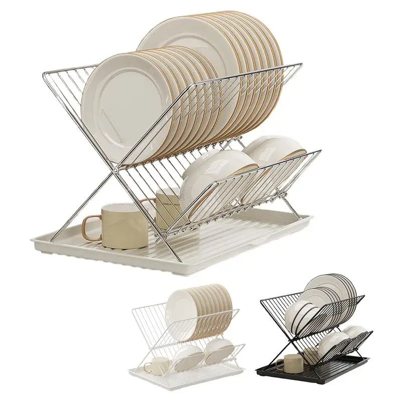 

Metal Dish Drying Rack Carbon Steel/Stainless Steel Dish Drainers For Kitchen Counter 2 Tier Detachable Water Catcher Tray