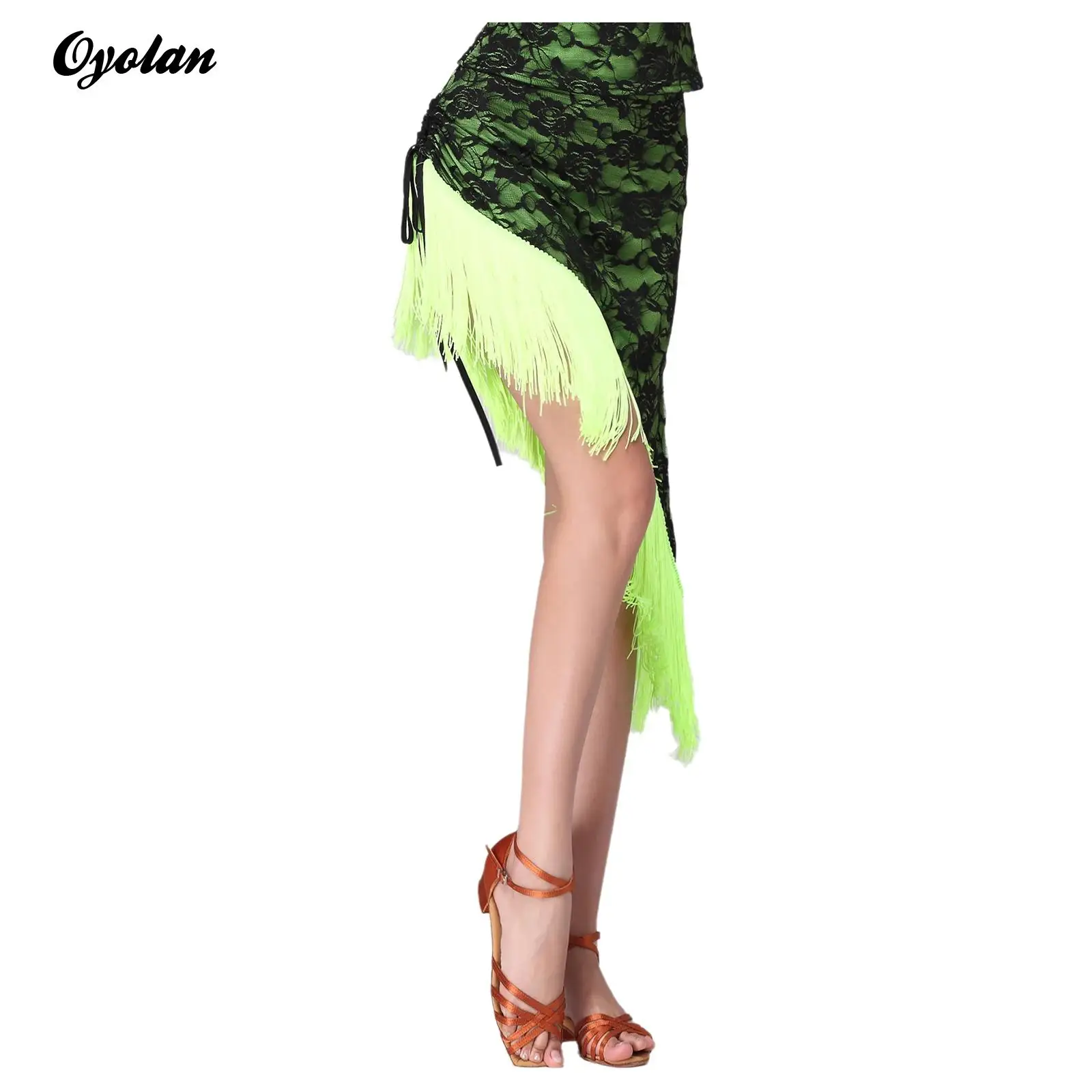 

Womens Latin Tango Ballroom Dance Skirt Floral Lace Tassel Trim Side Drawstring Irregular Skirt Latin Dance Performance Costume