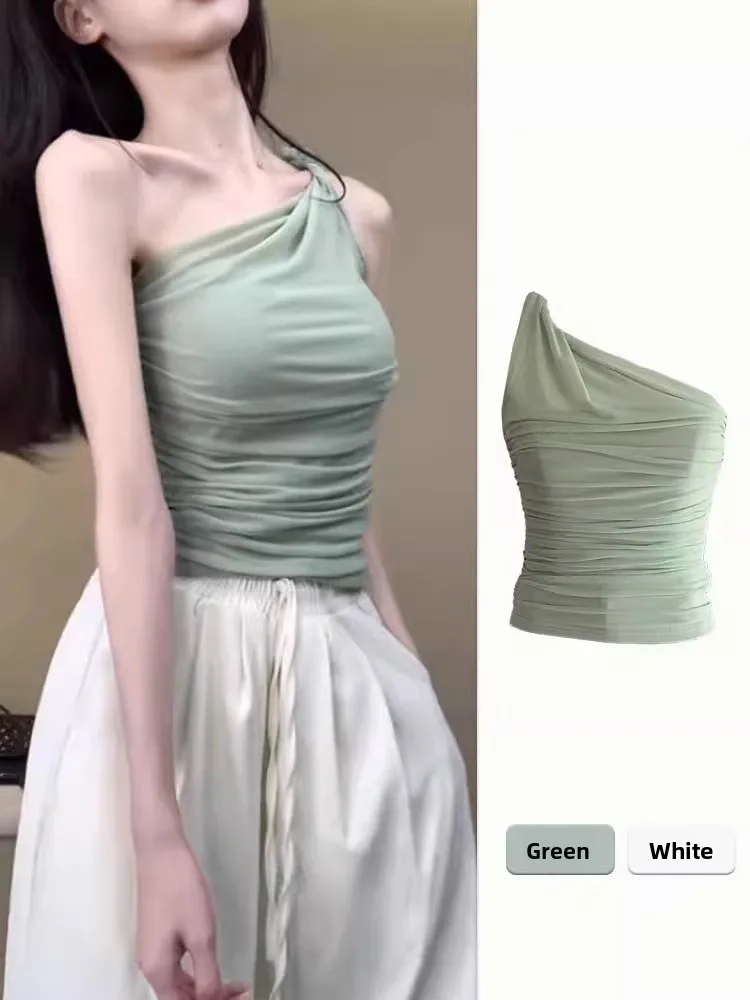 

Green Asymmetrical Shoulder Strap Vest Women's Summer Outdoor Unique Exquisite Neck Hanging Sleeveless Spicy Short Mesh Littl...
