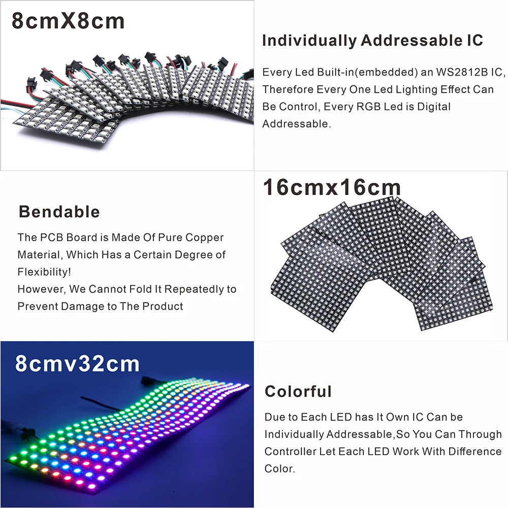 WS2812B SMD5050 RGB لوحة LED Direcalizar بشكل فردي لوز مرن رقمي 8x8 8x32 Modulo de Pixeles Pantalla Matriz DC12V