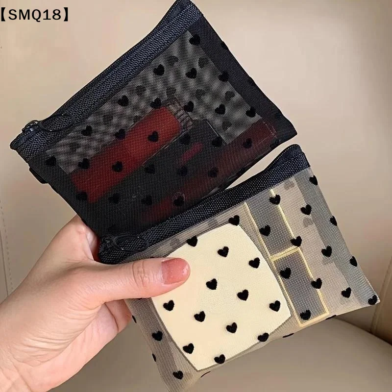 Transparent Mesh Makeup Bag With Cute Black Heart Pattern Smooth Zipper For Travel Cosmetic Storage【SMQ】