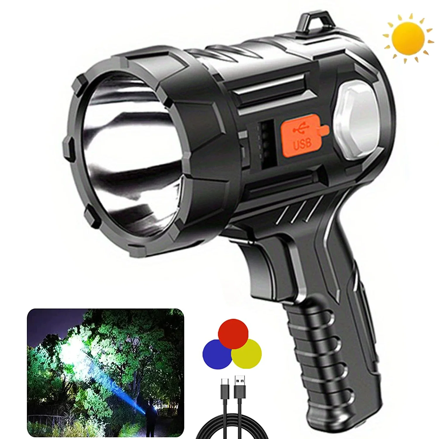 Super Bright Rechargeable LED Spotlight with Long-Lasting Battery - for Outdoor Camping and Floodlighting With 3-Color Filter