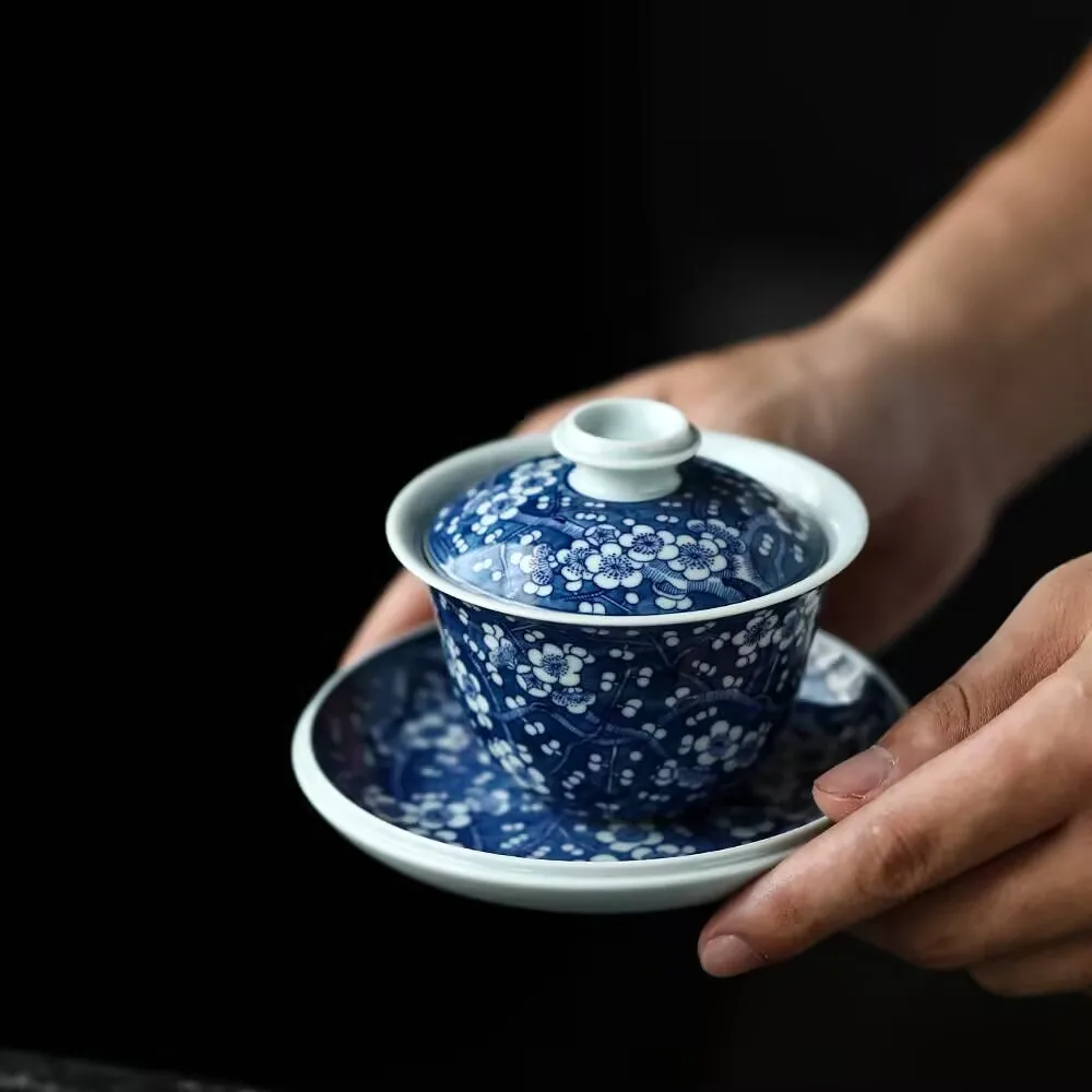the mainland of China Sancai cover bowl blue and white cover bowl 200ml ceramic tea set tea bowl free of postage
