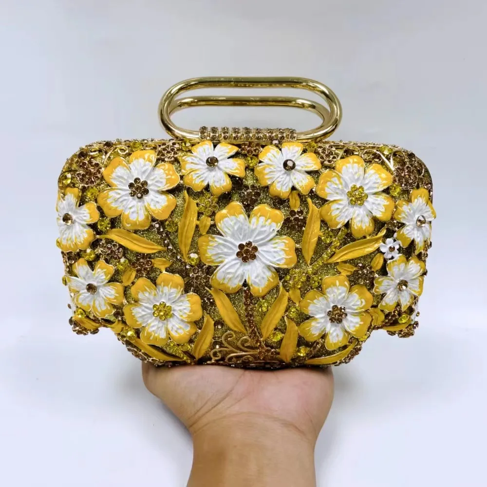 Woman Wedding Bridal Colorful Flower Purse Floral Crystal Banquet Dinner Evening Bag With Handle Diamond Party Handbags