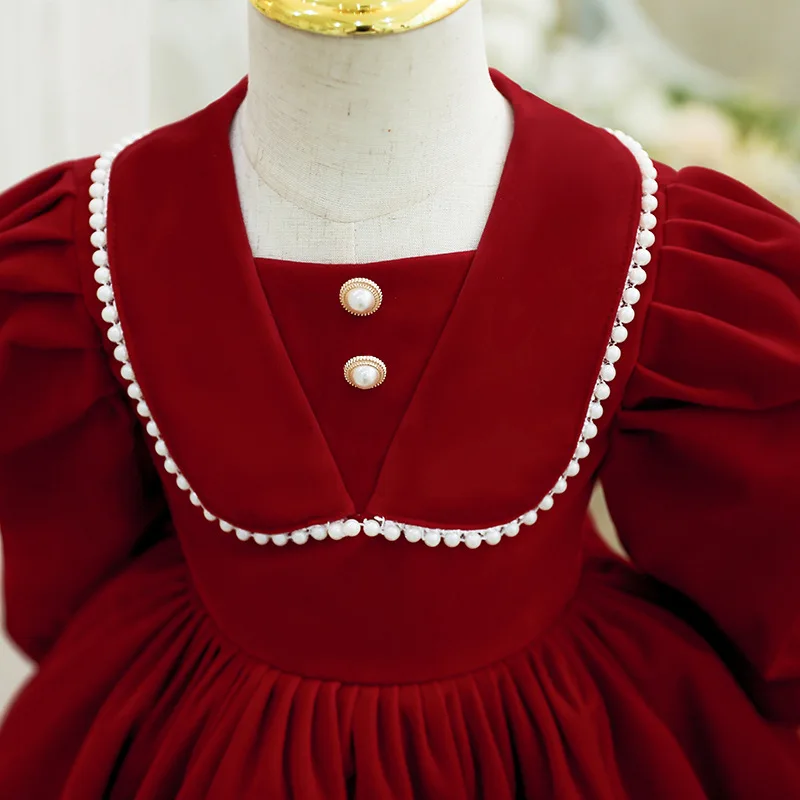Newborn Baby Girl Princess Christmas Red Dresses Puff Long Sleeve Infant Toddler Child Bow Vintage Winter Evening Gown 12M-14Y