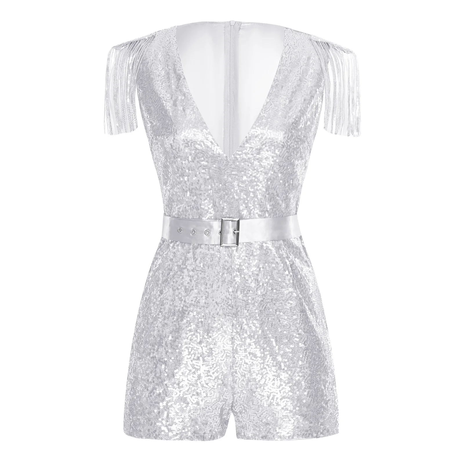Pelele a la moda para mujer, monos con borlas y lentejuelas, monos con cuello en V sin mangas brillantes con cinturón, disfraz de fiesta de boda para discoteca Rave