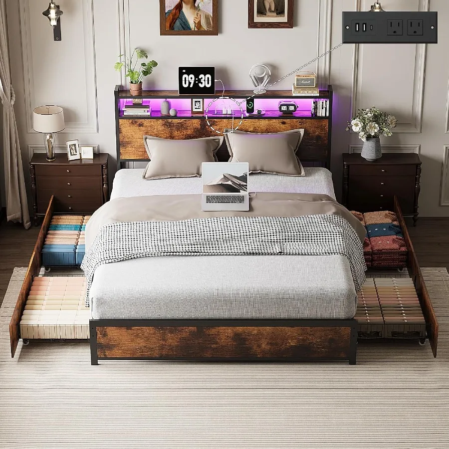 Queen Bed Frame with 4 Storage Drawers and Headboard, Metal Platform Panel Bed with Charging Station and RGB LED Lights, No Box