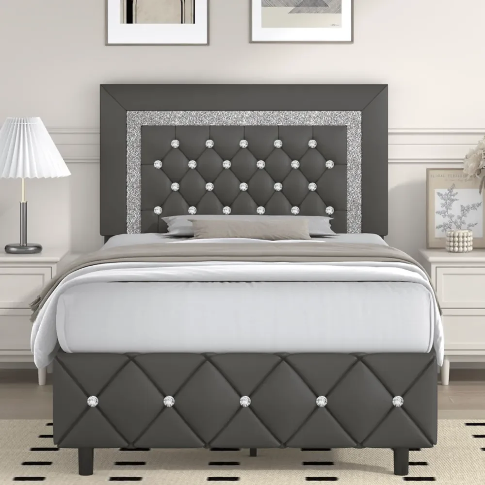Bed Frame, Modern Platform Bed Frame With Diamond Headboard And Footboard, No Boxing Spring Needed, Easy Assembly, Black Grey Pi