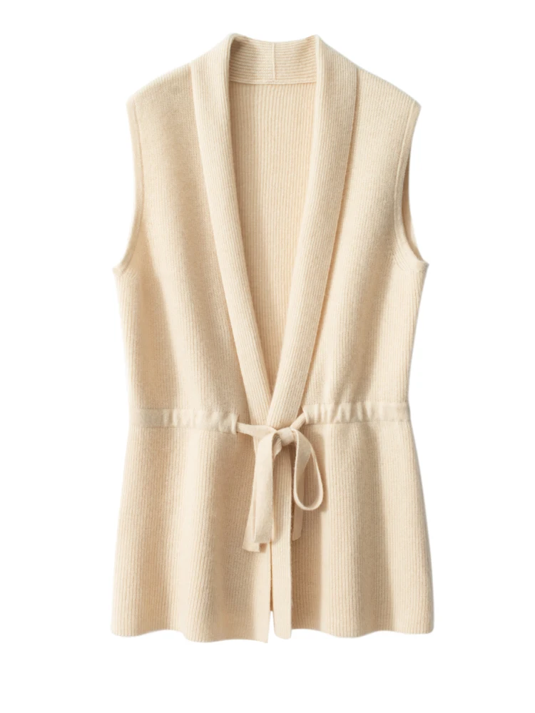2024 New Women Sweater 100% Cashmere Spring Autumn Sleeveless V-neck Cardigan Knitted Waistcoat Korean Fashion Women Clothing