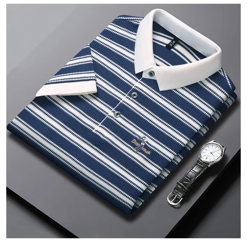 

2025Summer New Men's Lapel Short Sleeved Polo Shirt Casual Striped Men's Top Half Sleeved T-shirt Fashionable Polo Shirt