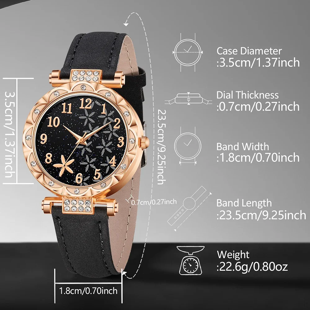 طقم ساعات نسائية سوداء مكونة من 6 قطع، طقم أقراط كوارتز بمقياس رقمي عصري وسوار وسوار وقلادة هدية مثالية