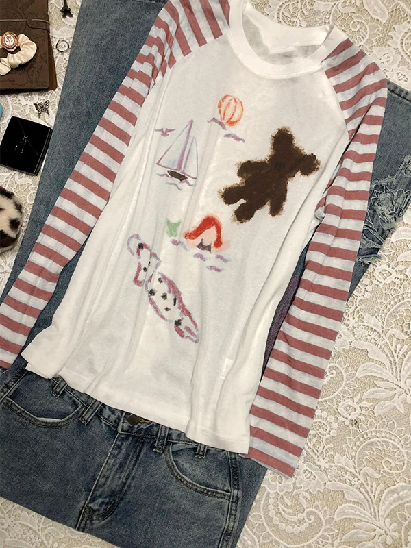 

Оригинальная белая круглая футболка Boya Girl с нашивкой Ne, женская винтажная хлопковая футболка свободного покроя с мультяшным принтом, длинная хлопковая футболка све