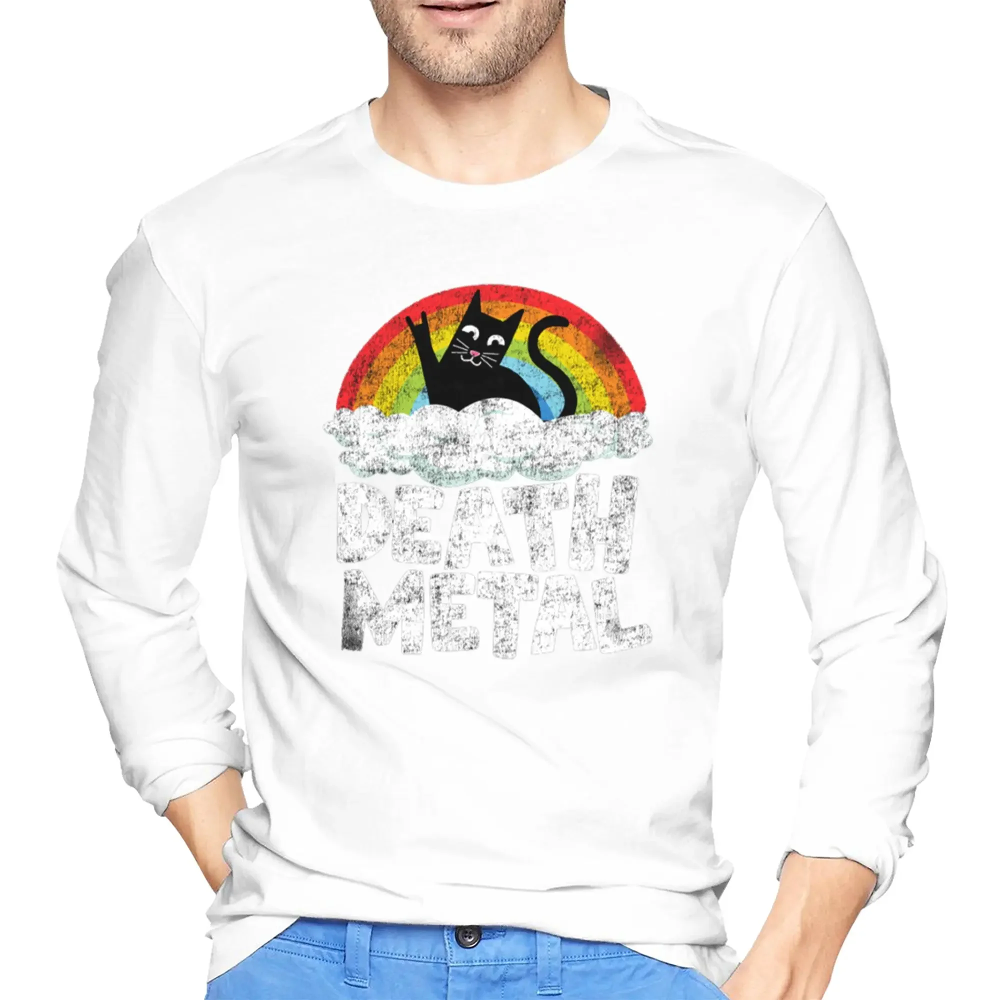 

Funny Death Metal Cat Rainbow Heavy Metal Men's Long Sleeved T-shirt Fashion Round Neck T shirts Spring and Autumn Men tops