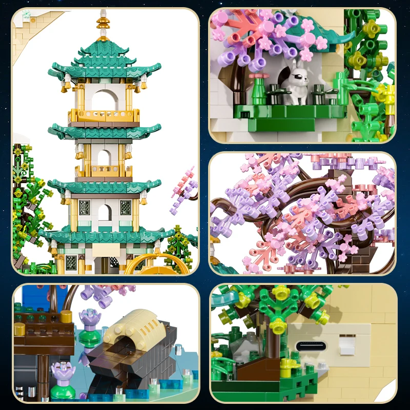 OUZEY 4288+PCS Magical Moon Palace Building Blocks, Light Up Toad Palace & Flower Waterfall, Romantic Chinese Model Display Gift