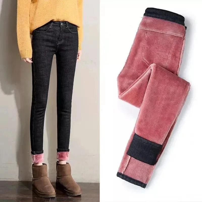 Plus Velvet Warm Pencil Jeans Women Casual Slim Thicken Winter Vaquero Plush Fleece Lined Denim Pant 89-94cm Skinny Jean capris