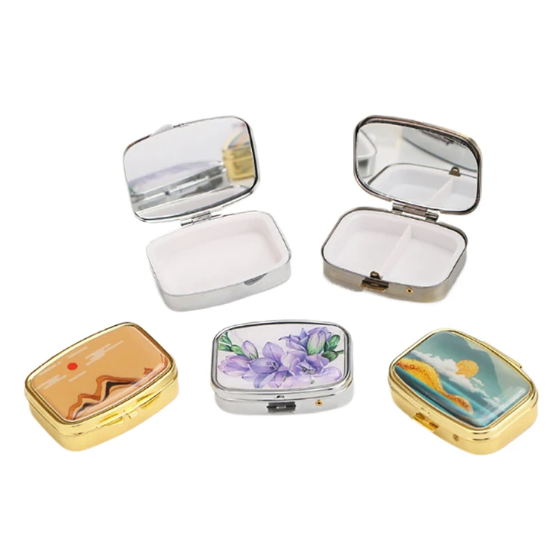 Portable 2 Cell Folding Metal Pill Boxes Square Pill Boxes Medicine Organizer Container Medicine Case Splitters Pill Candy Box