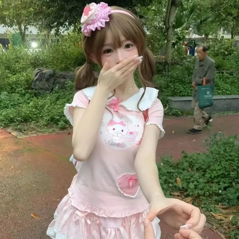 Japanese Kawaii Lace Patchwork T-shirt Women Cartoon Printing Y2k Aesthetic Graphic T Shirts Harajuku Sweet Bow Tops Cute Tees