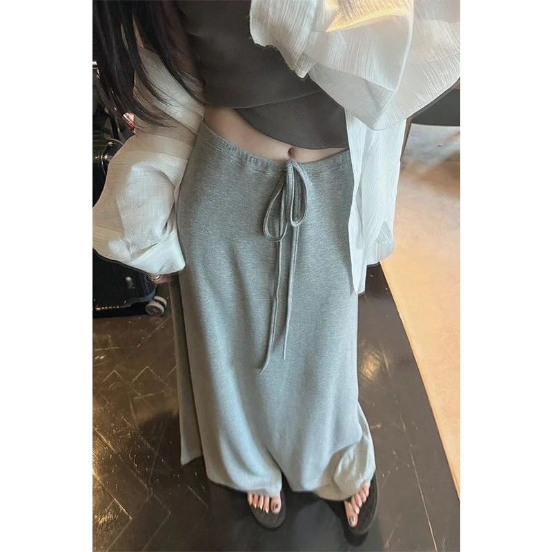 

Gray High Waist Drawstring Casual Long Skirt Women's Spring Summer New Style Straight Cut Loose Slimming Skirt for Daily Wear