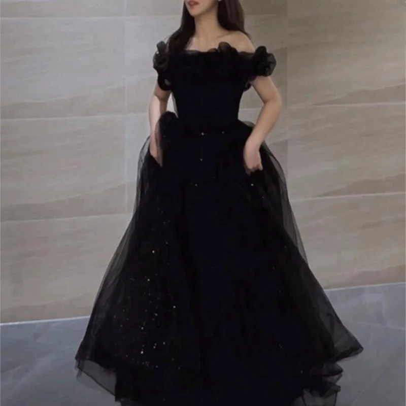 Black Evening Dress Women's Banquet Temperament Special Interest Light Luxury Host Performance off-Shoulder