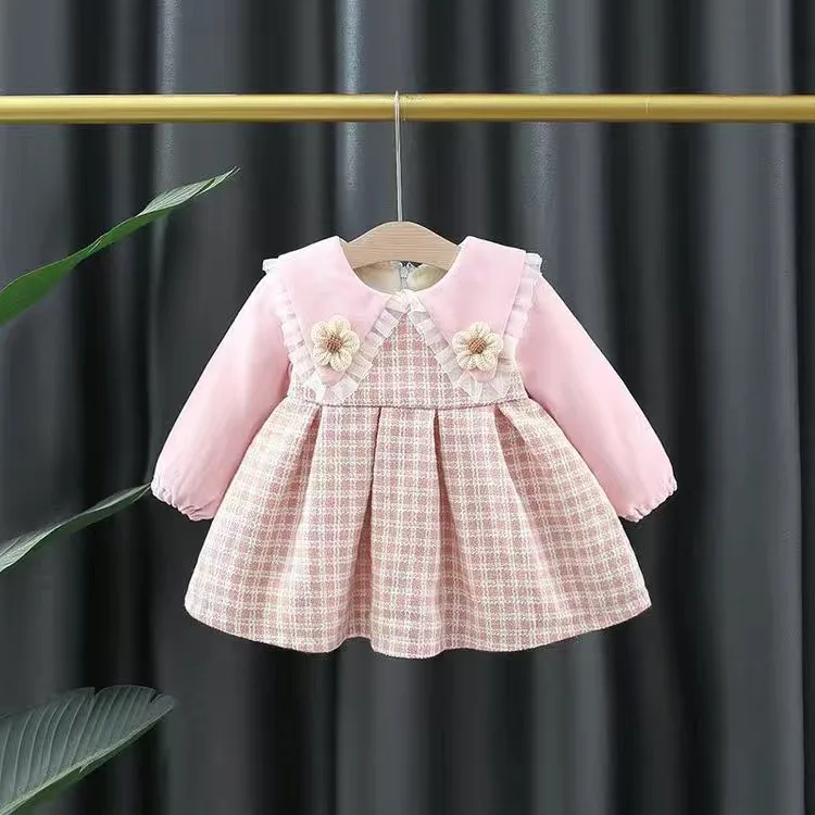 Winter girl's baby clothes dress for newborn 1st birthday lamb wool velvet  thick warm floral dresses girls' baby clothing dress