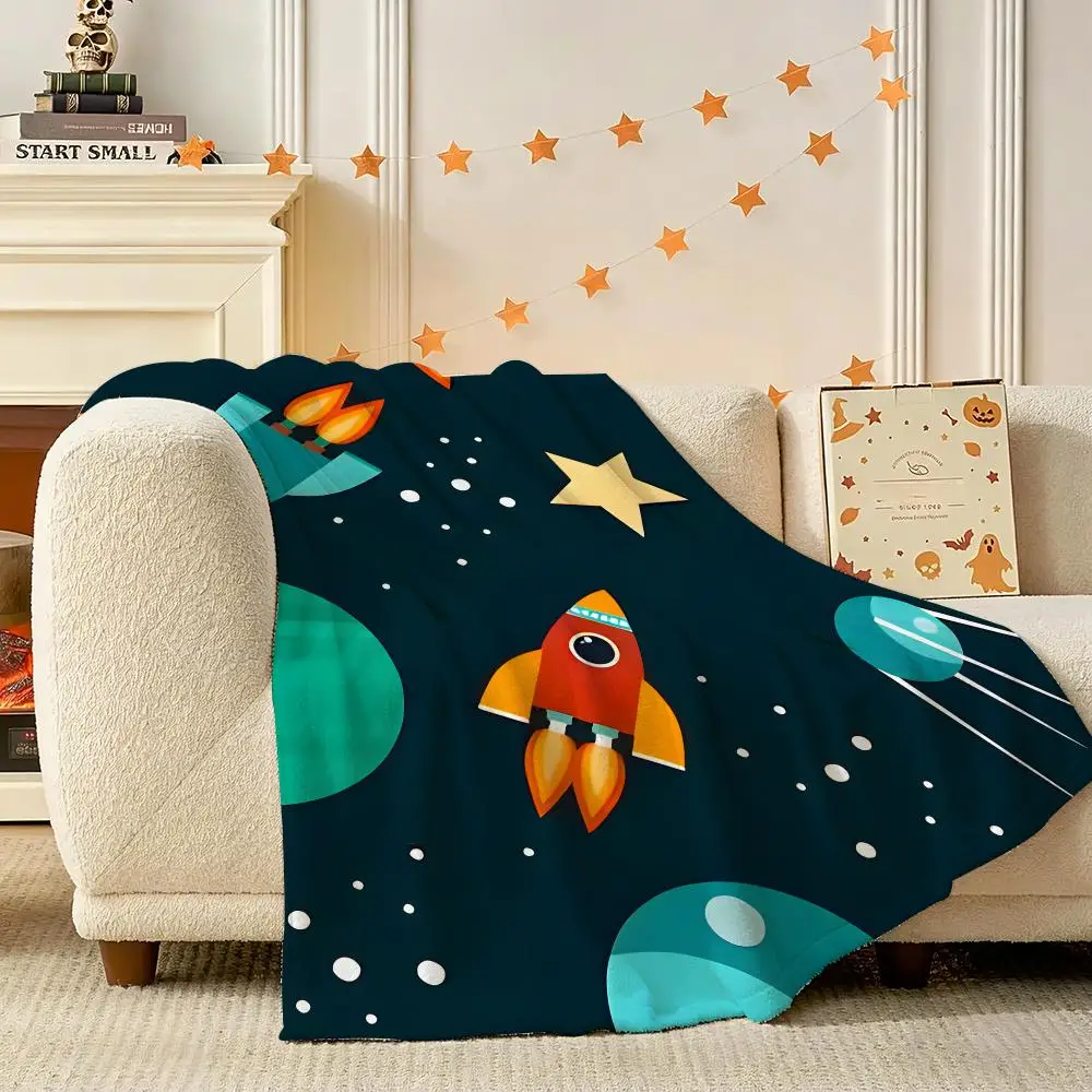 Manta de franela ligera de 240 g con diseño de nave espacial, astronauta y cohete, suave al tacto, para sofá y dormitorio