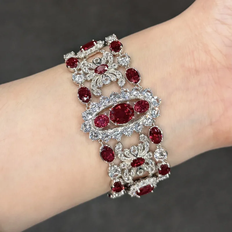 Bellux lab grown ruby 925 silver gold-plated bracelet hollow out full set pigeon blood red luxury party wedding banquet bracelet