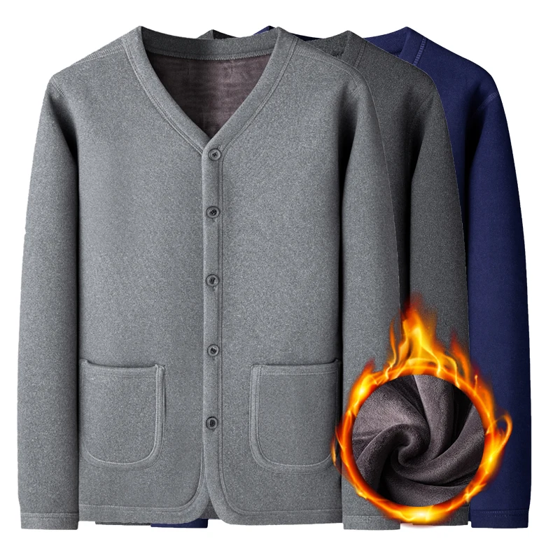 

Thiened Fce Inner Warm Cardigan for Middle-Aged And ly Men Winter Outerwear Coat Dad Sle Faion Urban Basic Soli...