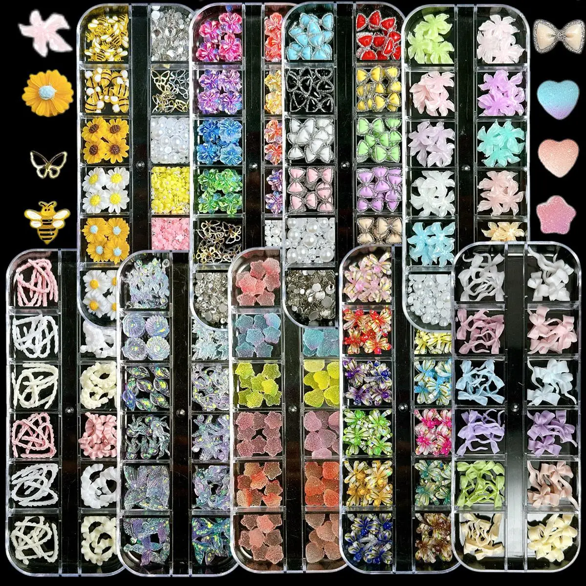 

1 Box 3D Resin Sweet Star Sunflower Heart Nail Art Decoration Colorful Flower Ribbon Bow Nail Charms Parts For DIY Crafts