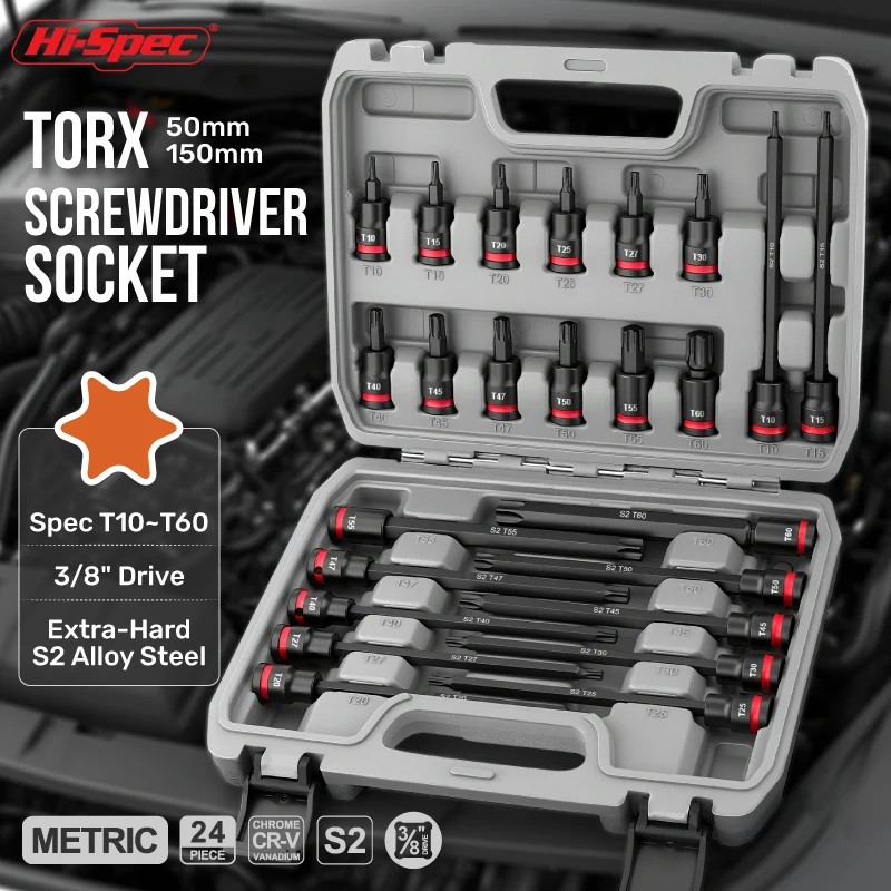 

Hi-Spec 24pcs T10-T60 Impact Socket Set Wrench Socket Torx Bit Set S2 Bits & CR-V Sockets Hand Tools Long Sockets Colorful Ring