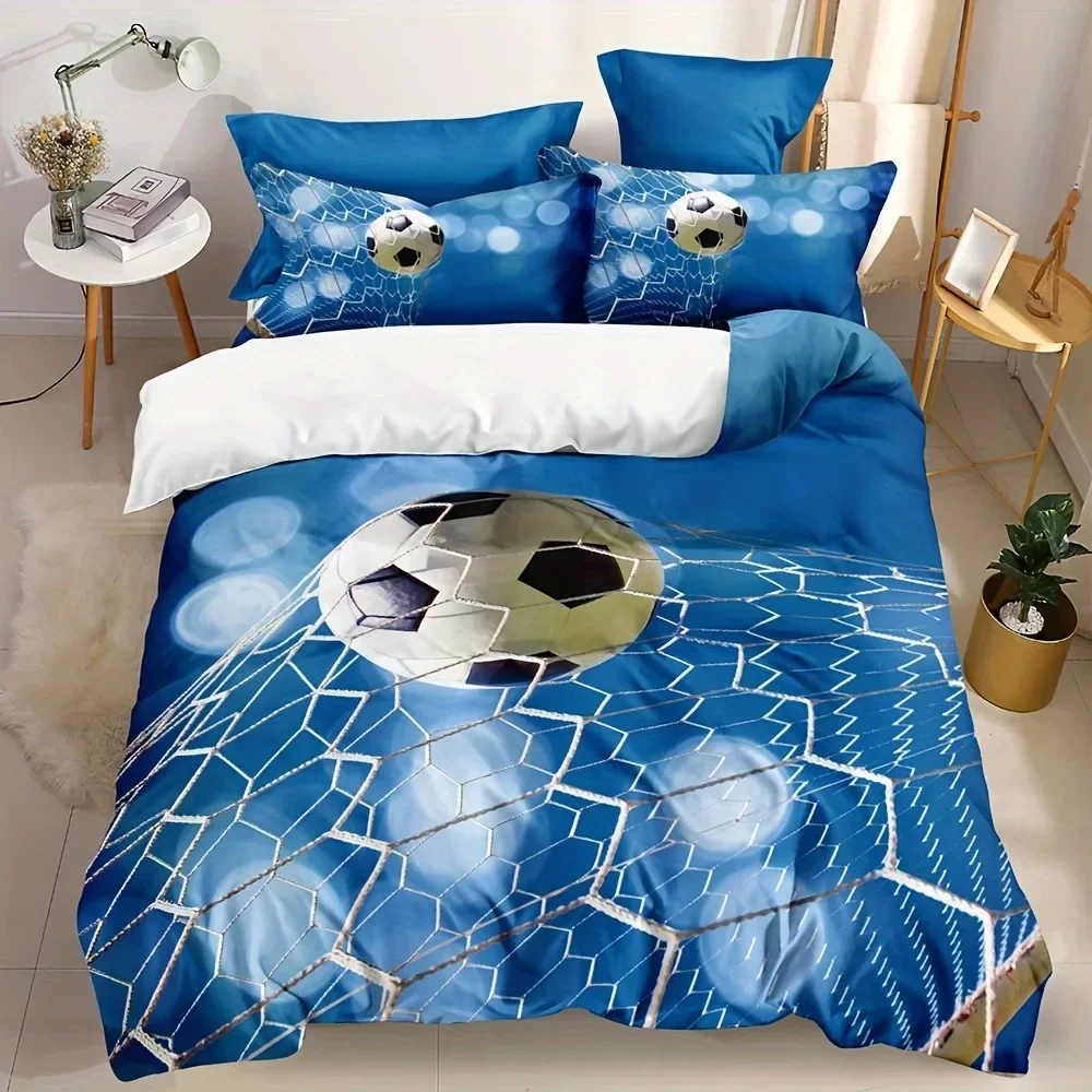 

3pcs Soccer-Themed Duvet Cover Set - Breathable, Soft Polyester With Zip Closure - Includes 1 Duvet Cover & 2 Pillowcases