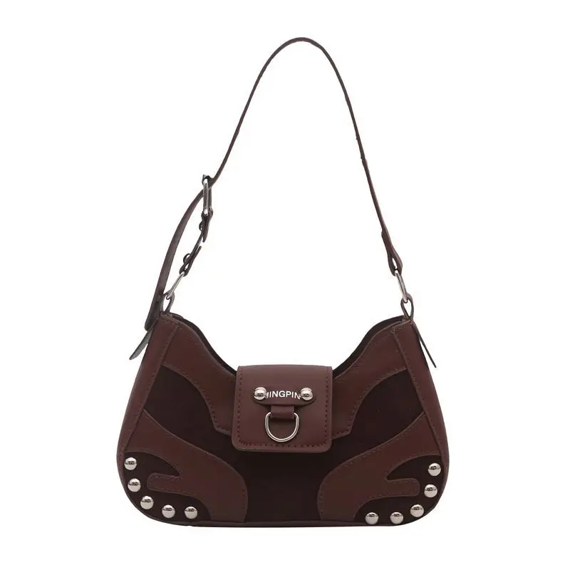 Black Red Coffee Brown Vintage Color Block Rivet Underarm Bag PU Leather Retro Y2K Hobo Shoulder Crossbody Purse Burgundy Women