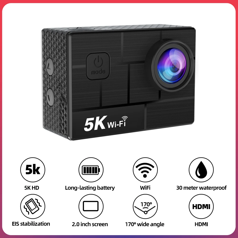 

Action Camera 5K WiFi Anti-shake 4K60FPS WiFi 170° Wide Angle 30m Waterproof Sport Camera With Remote Control Bicycle Helmet Cam