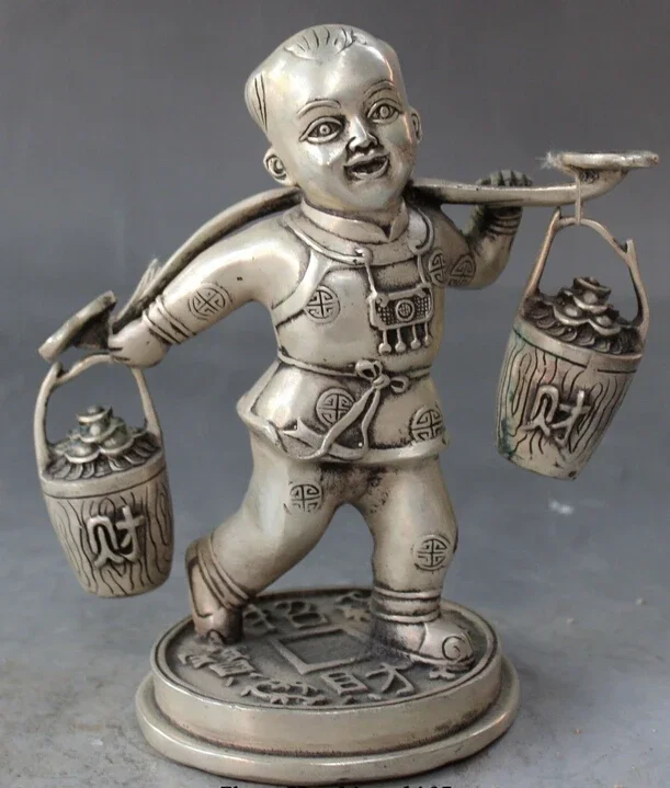 

decoration bronze factory outlets Tibet Silver 7" Chinese Silver Wealth Yuanbao Money Tongzi Kid Shoulder Barrel Bucket Statue