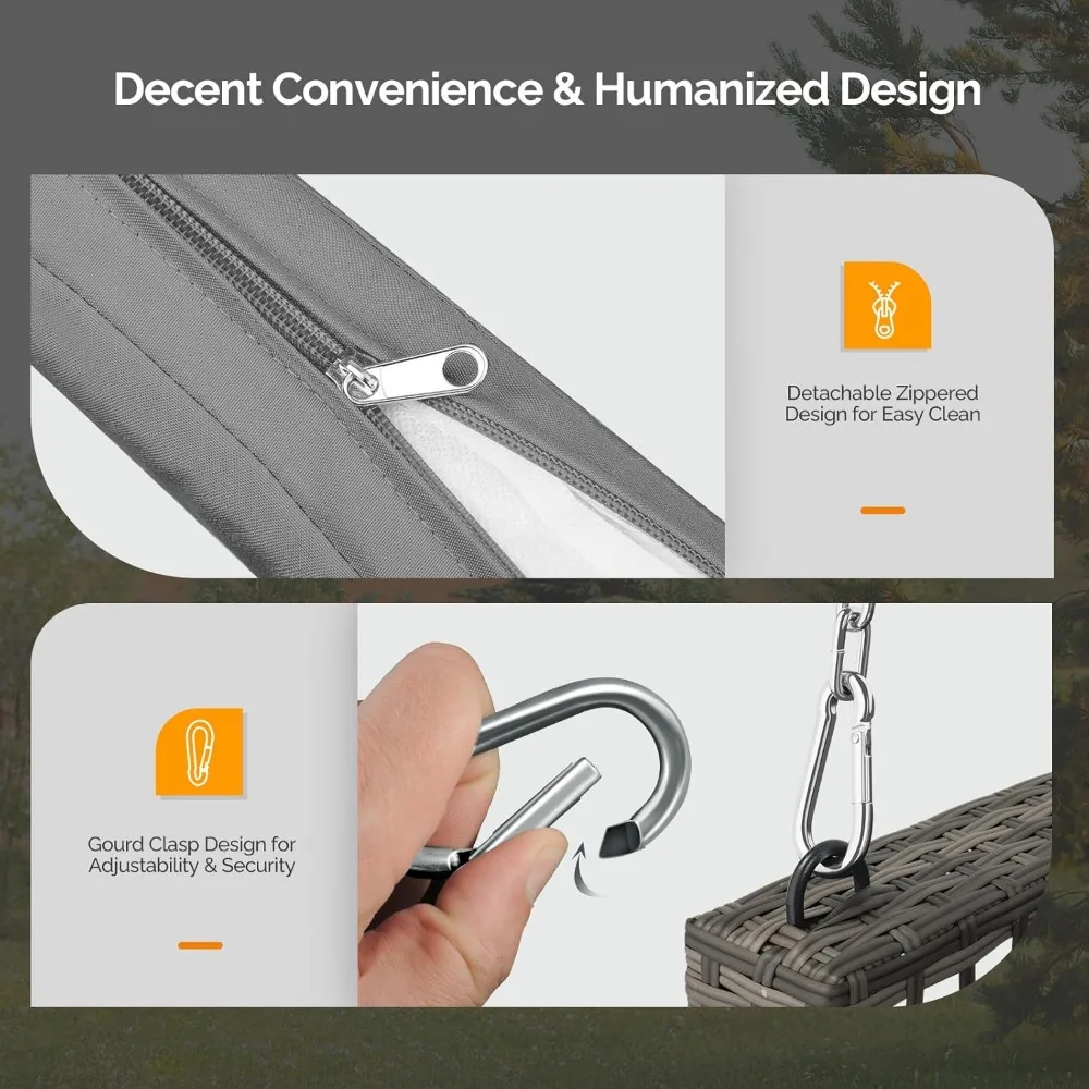 أرجوحة شرفة الروطان الخارجية مع وسائد، سعة 800 رطل، سلاسل قابلة للتعديل، كرسي مقعد أرجوحة من الخيزران للحديقة والسطح