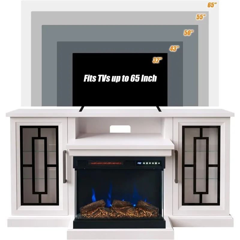 59 Inch LED TV Stand with 3-Side Glass Fireplace, Modern Media Entertainment Center Console Table for TVs up to 65 Inch