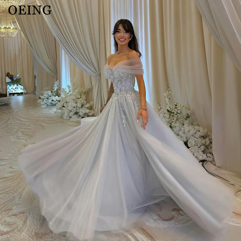 

OEING Elegant A-Line Prom Dress Princess Tulle Off Shoulder Appliques Draped Floor Length Gala Party Dress vestidos Customized
