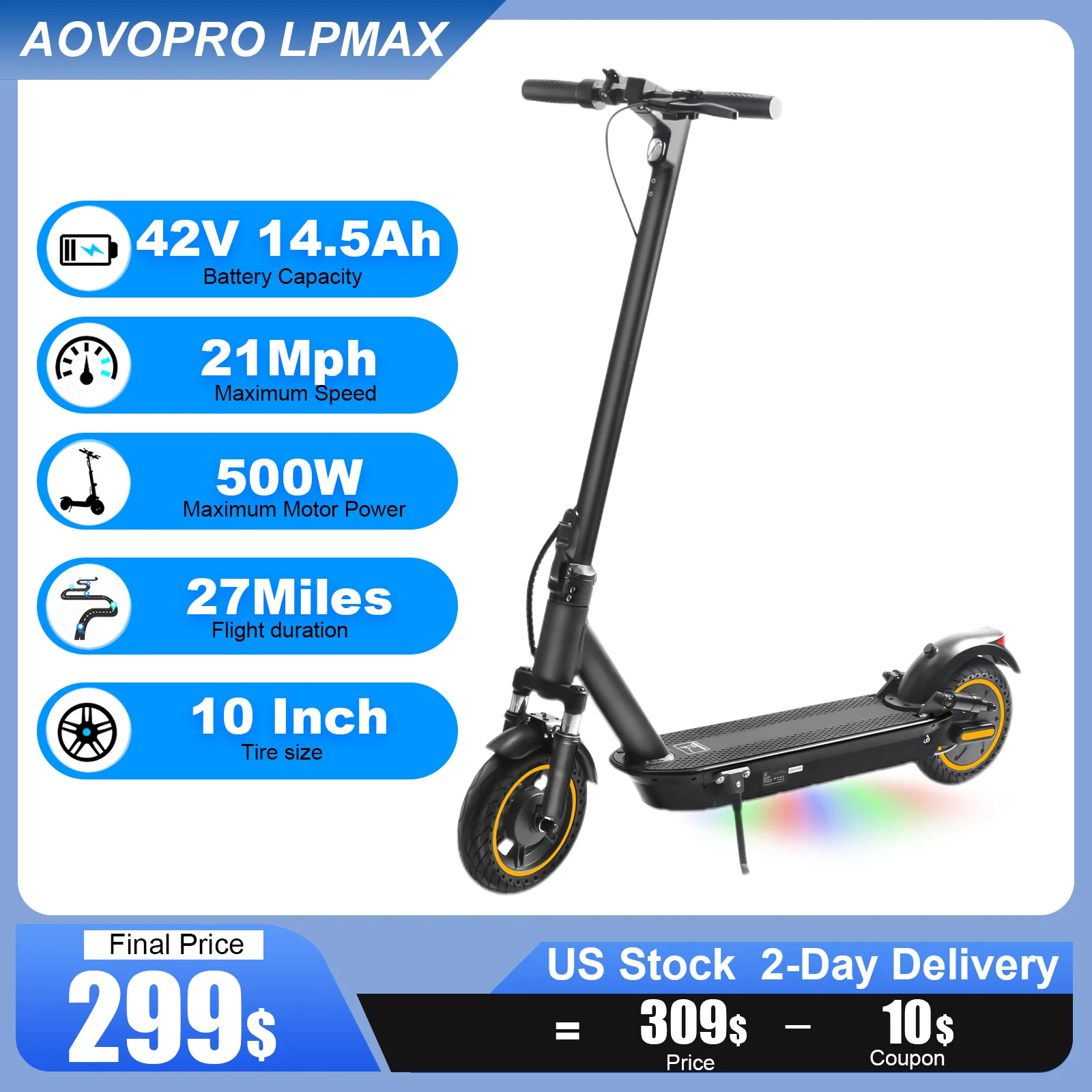 

AOVOPRO LPMAX Electric Scooter 500W Powerful Motor 22mph 42V14.5Ah 27Miles Long Range Foldable 10Inch AppConnected EScooter