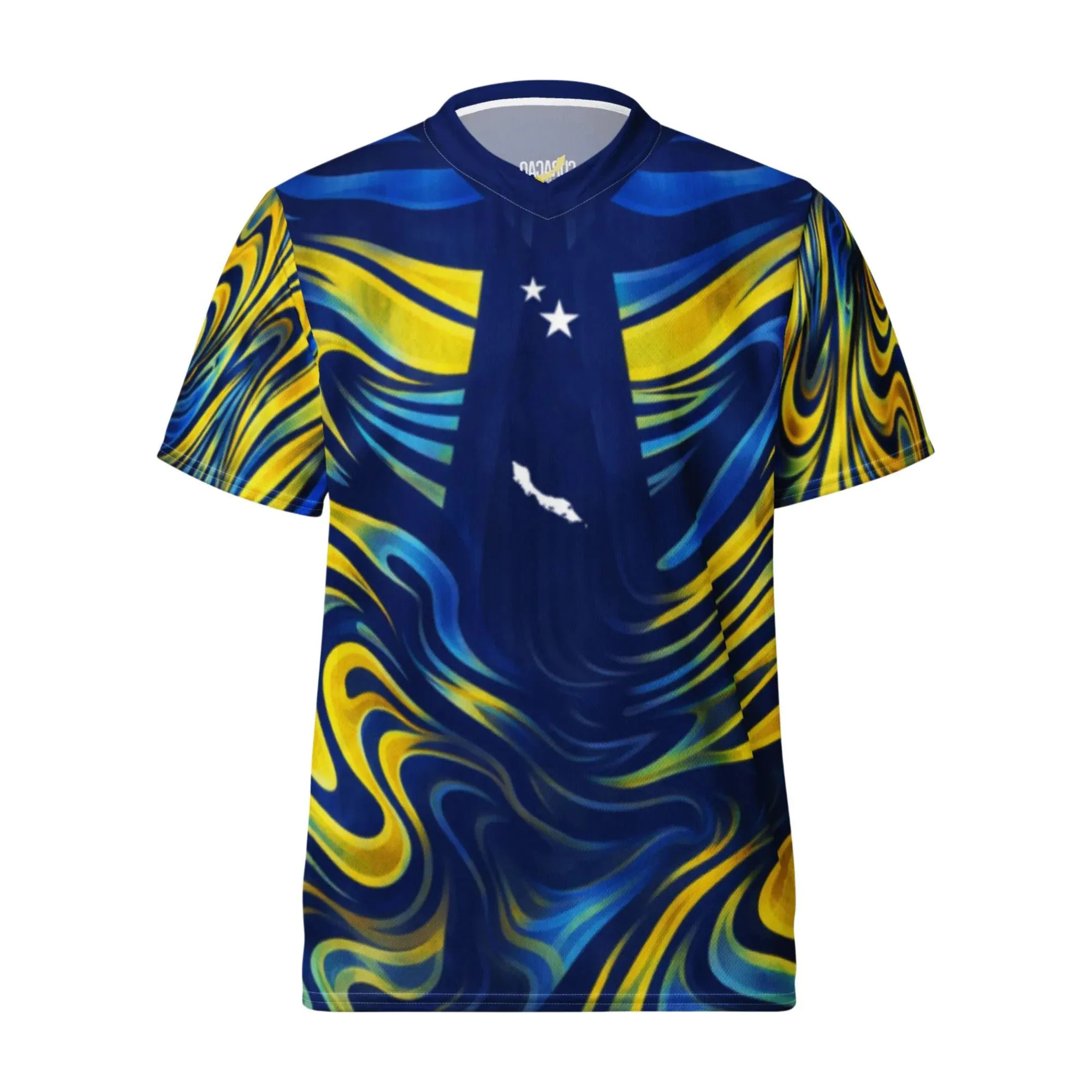 2026 Curacao Victory Football Fan Blue Wave Print T-shirt Is Suitable for Adults and Children for Summer Wear.
