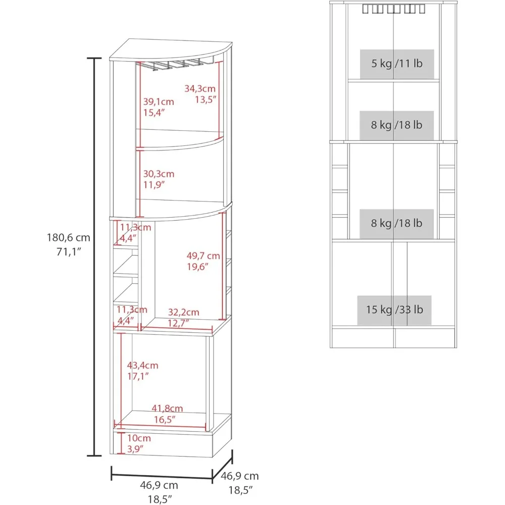 خزانة بار زاوية بيضاء مع رف زجاجي وأبواب مزدوجة وثمانية رفوف نبيذ مدمجة