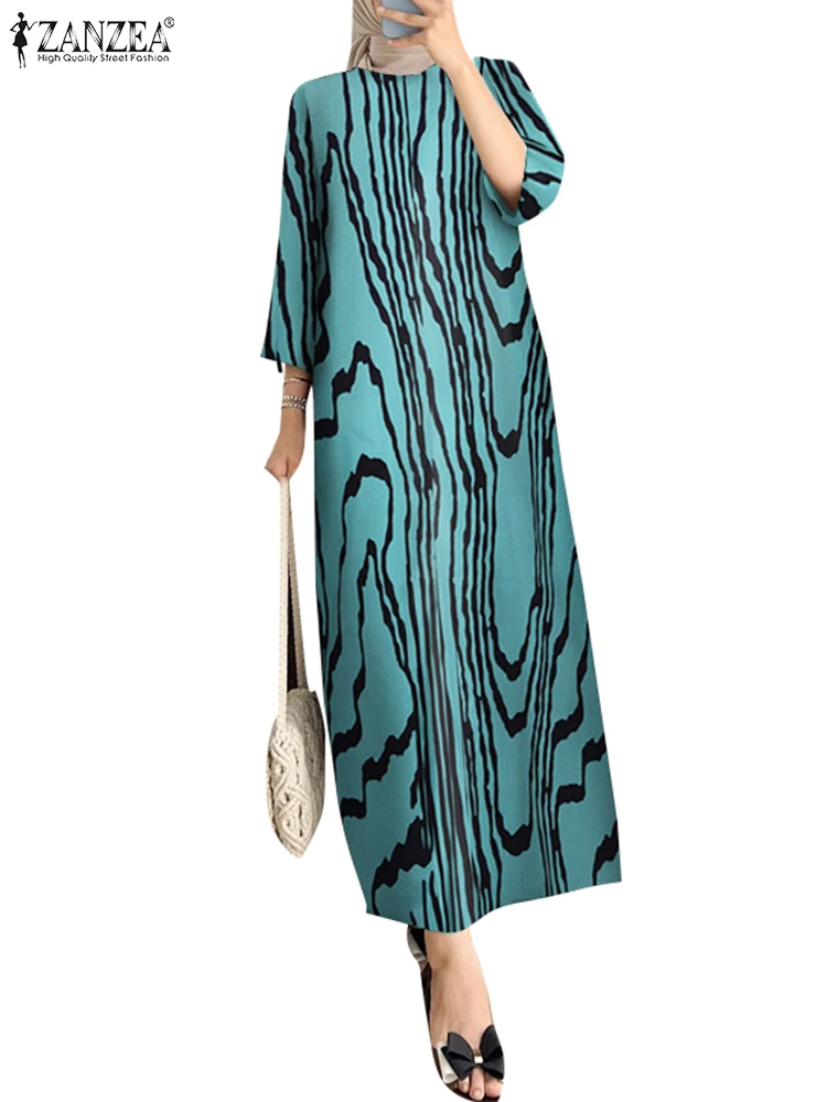 Women Muslim Maxi Dress Duabi Abaya Kaftan ZANZEA Summer O Neck 3/4 Sleeve Printed Sundress Robe Femme Casual Loose Vestidos