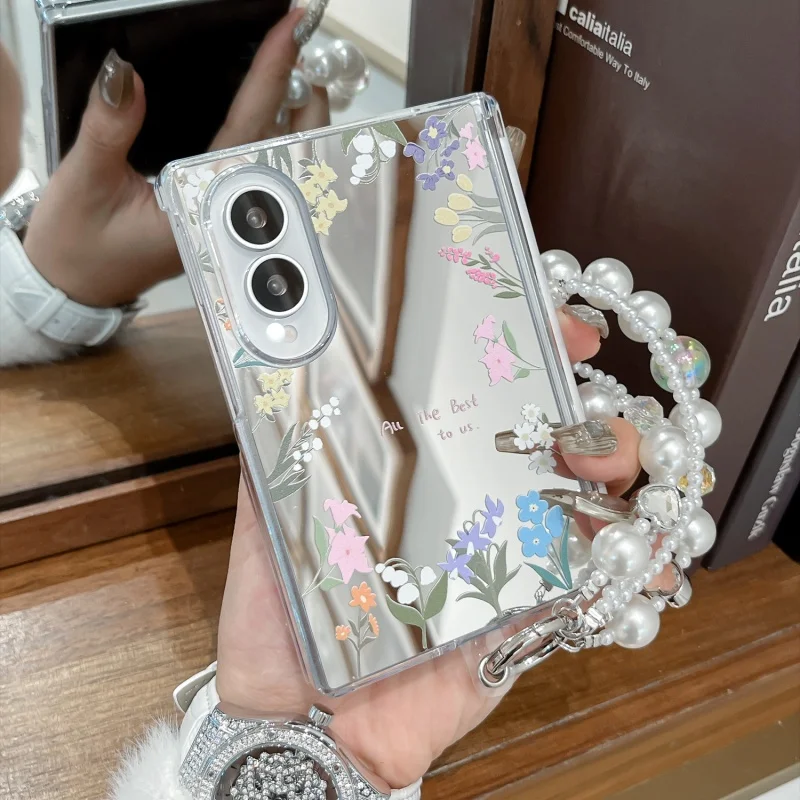 Fashion Mirror Flowers Casing For Samsung Galaxy Z Fold 8 Wide Case Protective with Bracelet Mobile Phone Back Cover